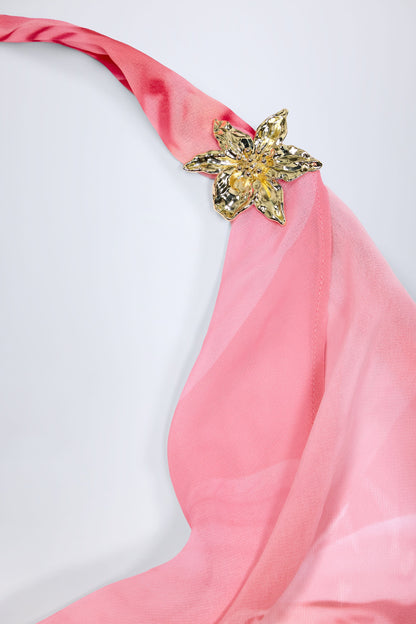 Cowl-Neck Hardware-Detail Maxi Dress in Pink Orchid Print