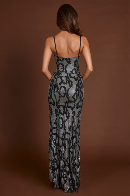 Embellished Peekaboo Cowl-Neck Dress in Silver Snake