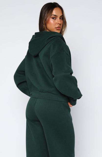 Brand New Start Boxy Zip Front Hoodie Forest Green