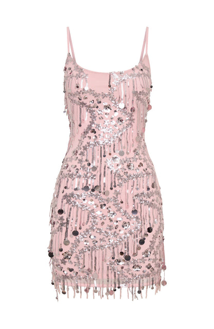 Decadent Daze Beaded Mini Dress Baby Pink