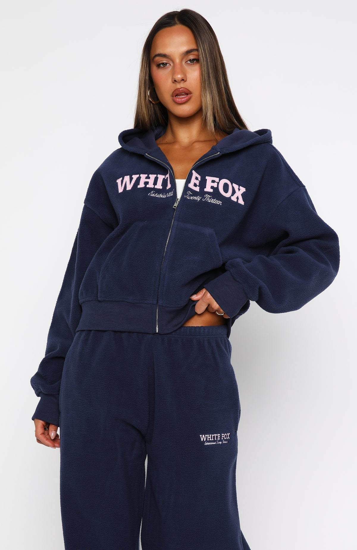 Just For Now Fleece Boxy Zip Front Hoodie Navy