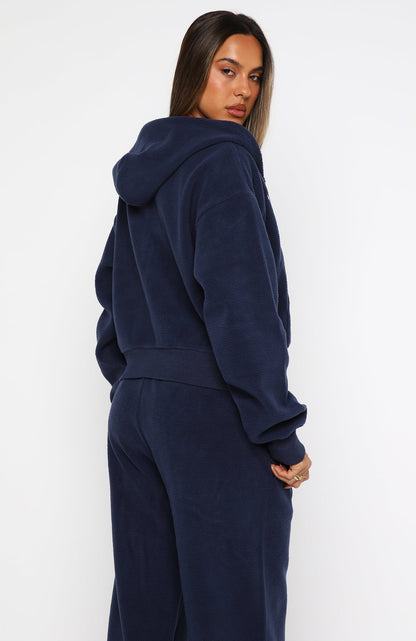 Just For Now Fleece Boxy Zip Front Hoodie Navy
