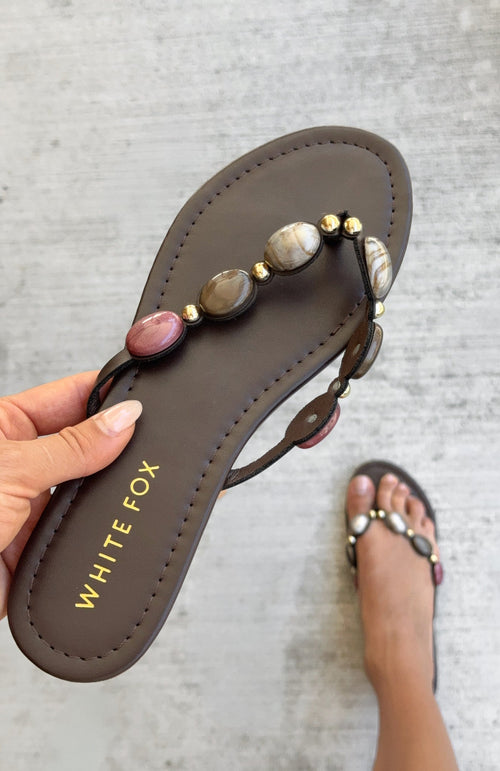 Kira Beaded Thong Sandals Chocolate