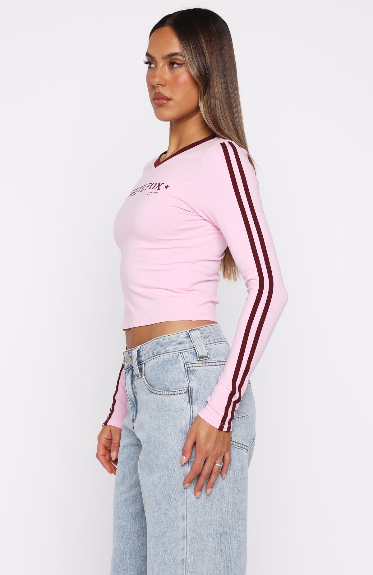 Star Of The Night Long Sleeve V Neck Baby Tee Pink