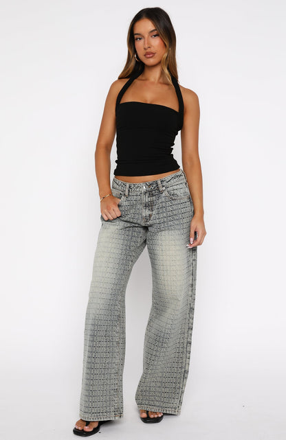 Text Me Low Rise Wide Leg Jeans Sand