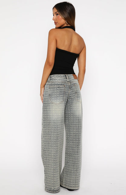 Text Me Low Rise Wide Leg Jeans Sand