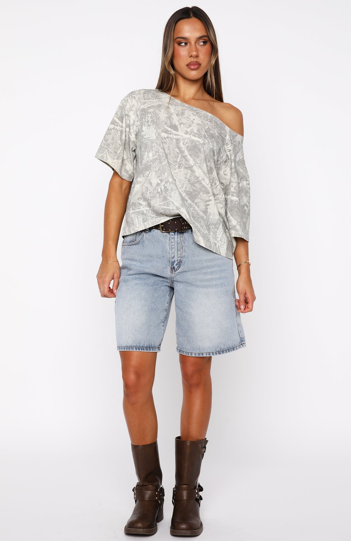 Travel The World Off Shoulder Oversized Tee Light Camo