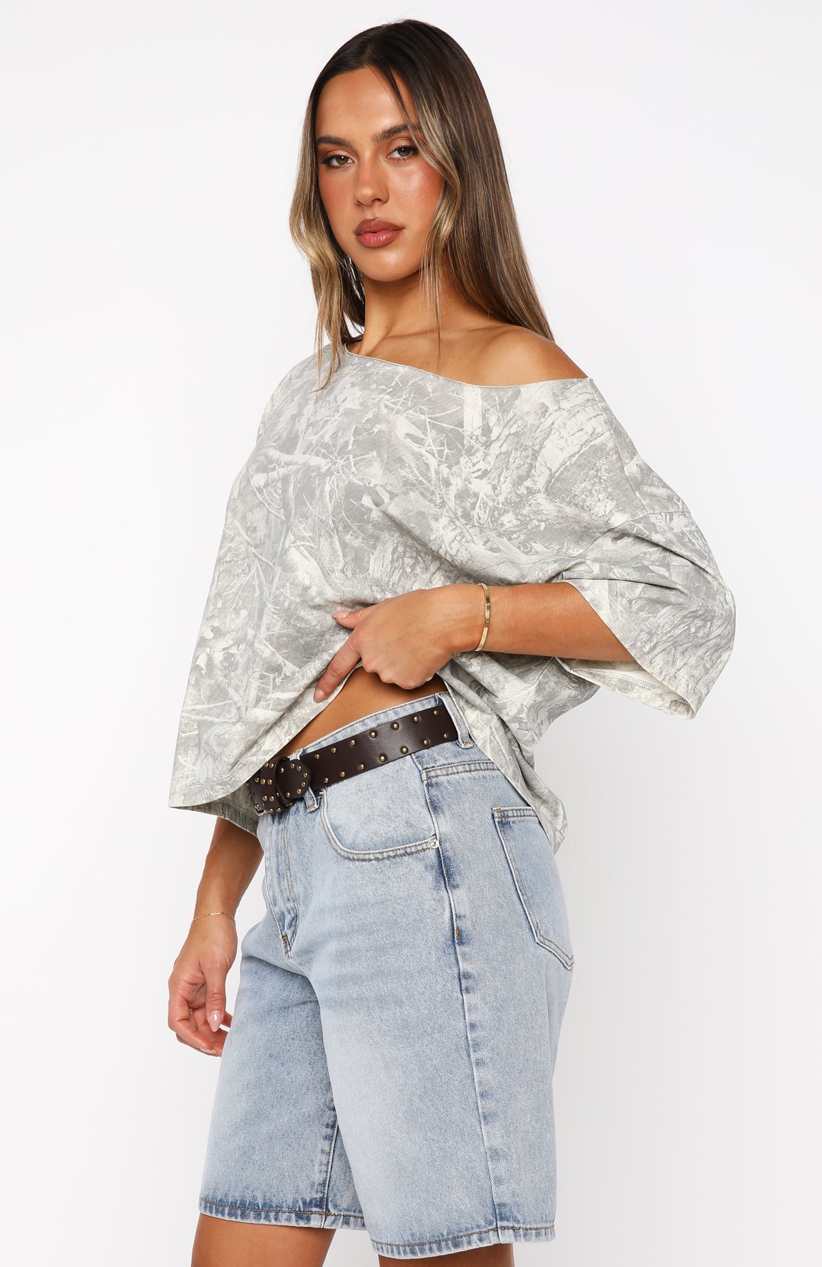 Travel The World Off Shoulder Oversized Tee Light Camo